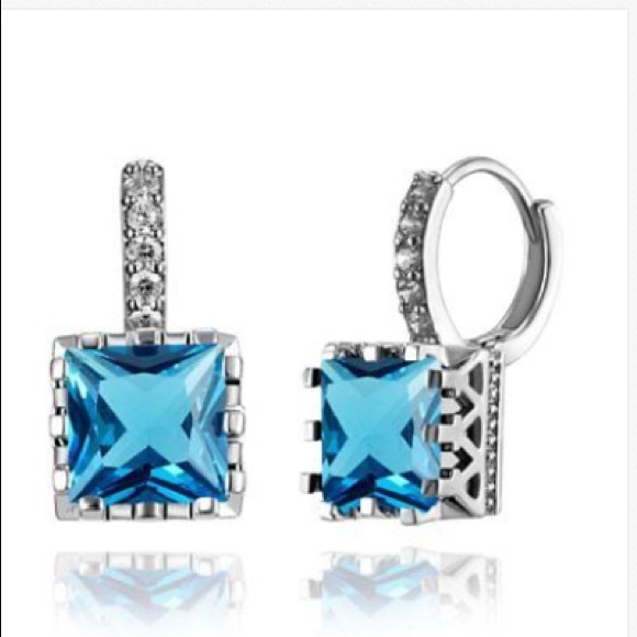 ❤️gorgeous 925 silver aquamarine square drop earri - Picture 2 of 3